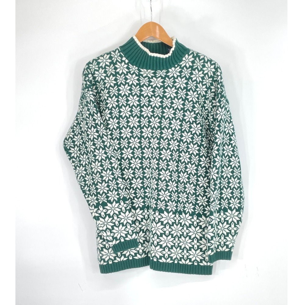 Vintage GAP Men Sweater Size M Mock Neck Green Snowflake Fair Isle Cotton Preppy